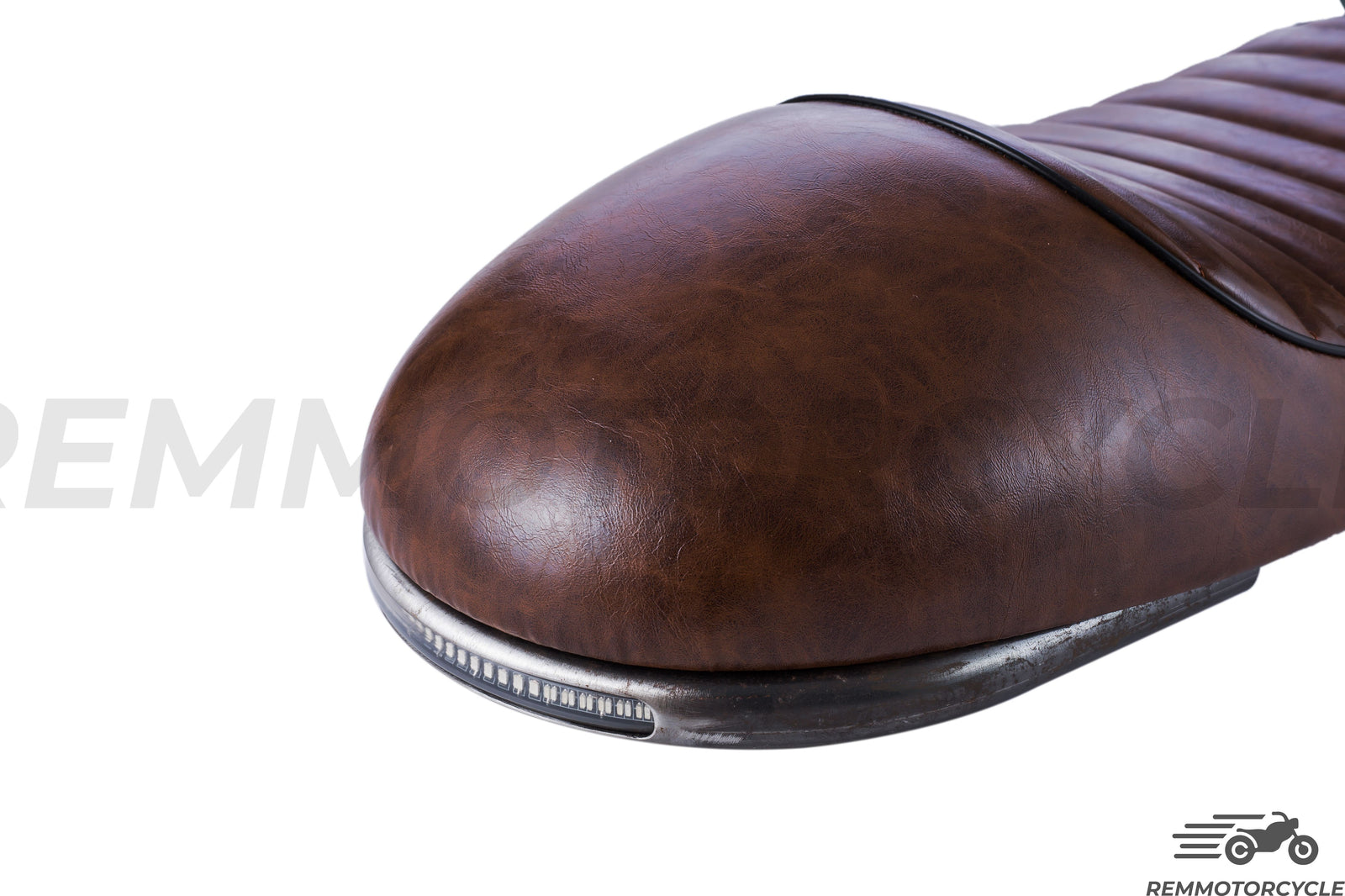 Brown vintage motorcycle saddle with integrated frame and LED lights loop