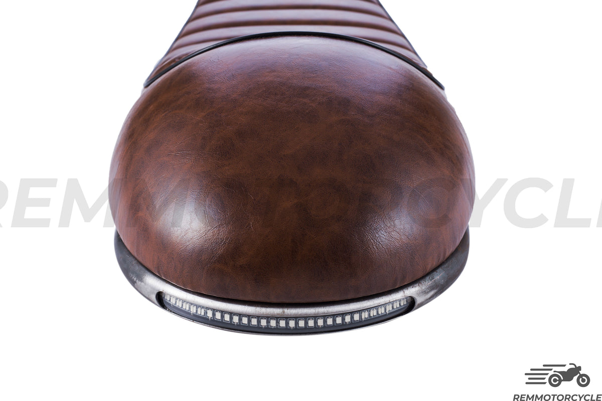 Brown vintage motorcycle saddle with integrated frame and LED lights loop