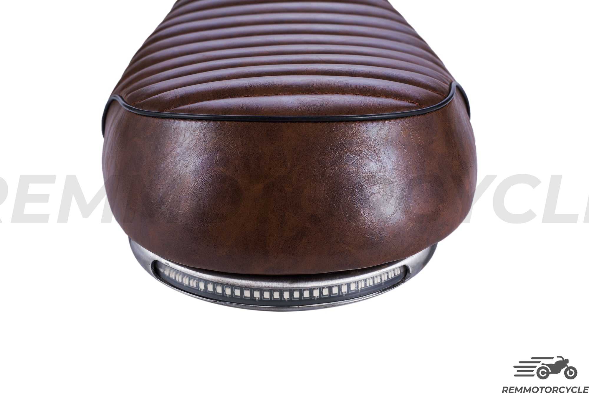 brown scrambler saddle with motorcycle rear buckle and motorcycle LED lights